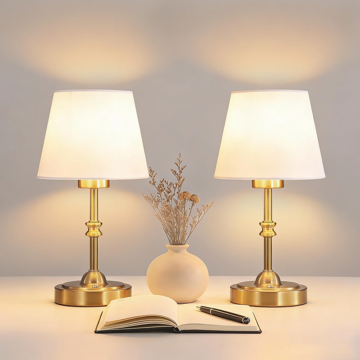 Portables Cordless Table Lamp Set of 2,LED Fabric Shade DeskLamp,Rechargeable Battery Operated，Lighting for Bedroom, Bedside,Bar,Living Room, Dining Room, Night Light (Brass)