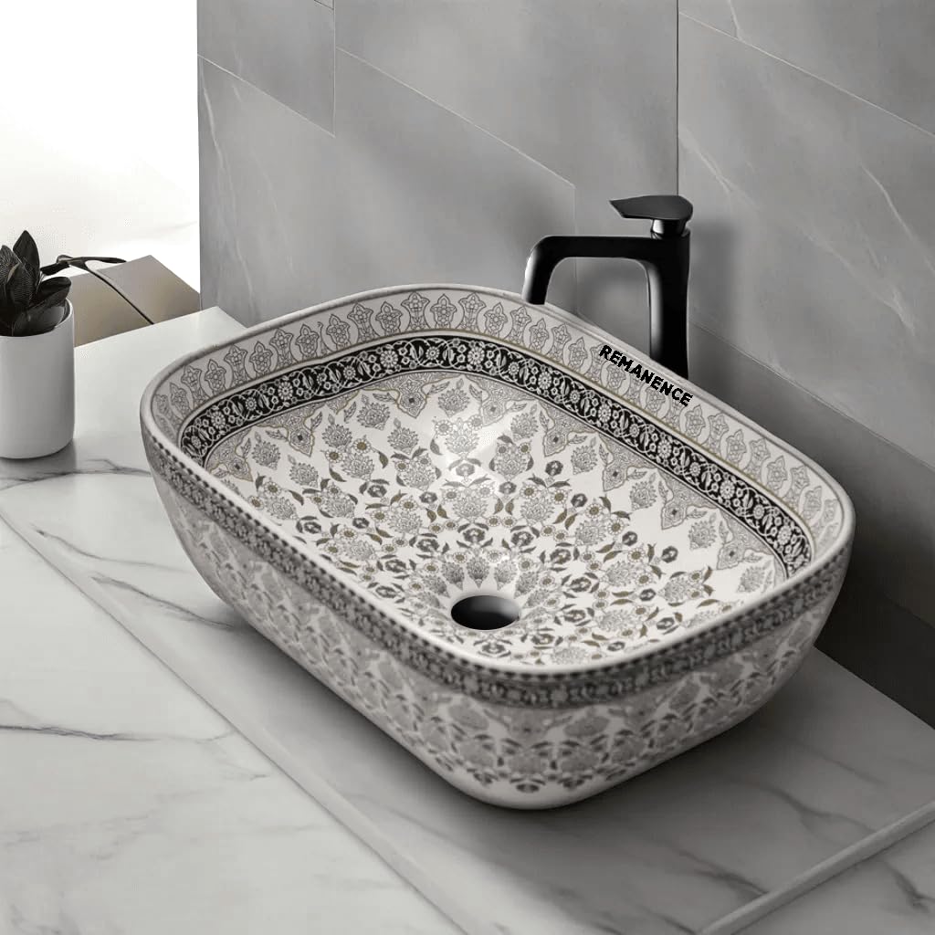 REMANENCE Premium Designer Table Top Ceramic Wash Basin For Bathroom | Over Counter Bathroom Basin | Counter Top Bathroom Sink (18 x 13 x 5.5 Inch) (AD 91 Moreccan Black Design) 2