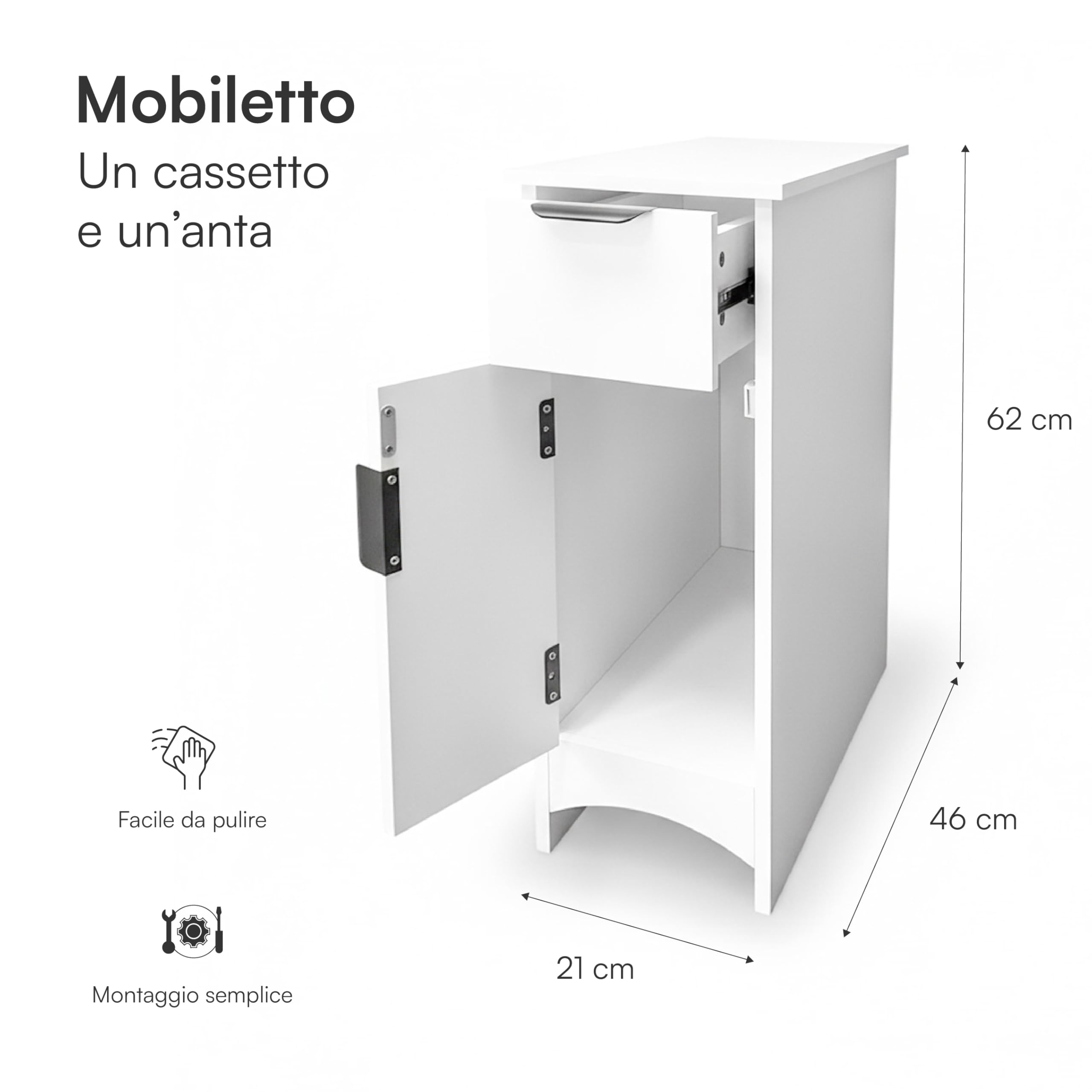 Baroni Home Colonna Bagno Salvaspazio, Mobile Alto con Ripiani Aperti e Ante, Armadietto Multiuso, Colonnina Moderna per Bagno, Cucina e Camera da Letto, 21x46x62 cm 1 Anta 1 Cassetto Bianco