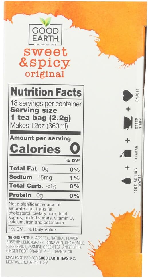 Good Earth Sweet & Spicy Herbal & Black Tea, 18 Tea Bags, 1.43 Ounce (6-Pack)
