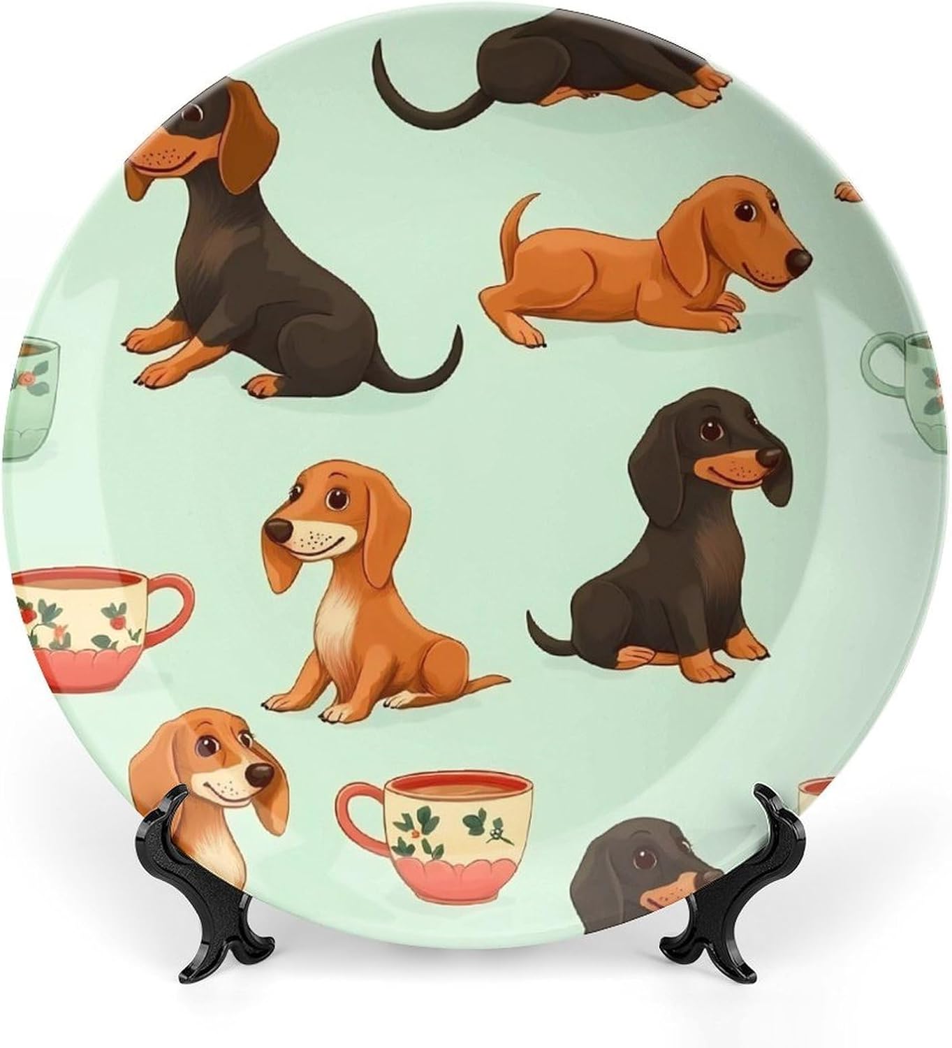 Cute Coffee Dachshund Bone China Decorative Plate with Stand Home Dessert Plates Gift for Men Women 7inch