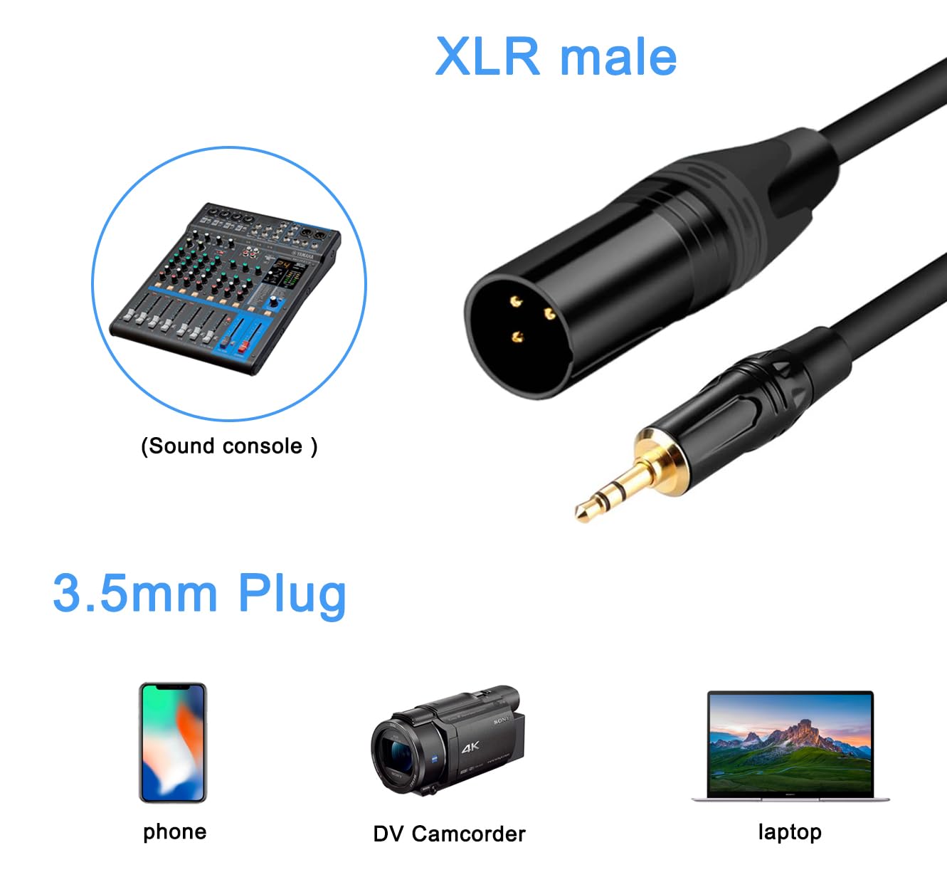 XLR maschio a 1/4 di pollice (3,5 mm) TS Mono Jack Cavo microfono, sbilanciato 3 pin XLR maschio a un quarto di pollice TS Plug Mic per microfono dinamico (1,0 m)