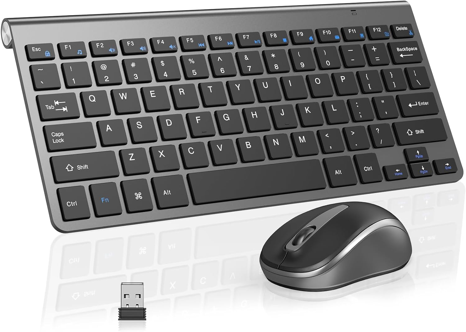 Compact Wireless Keyboard Mouse Combo, Mini Portable Travel Keyboard and Silent Mouse Set with USB Receiver, Quiet Click, Small Size, Adjustable 2400 DPI for Computer, Laptop, PC, Windows, Mac Grey & Black