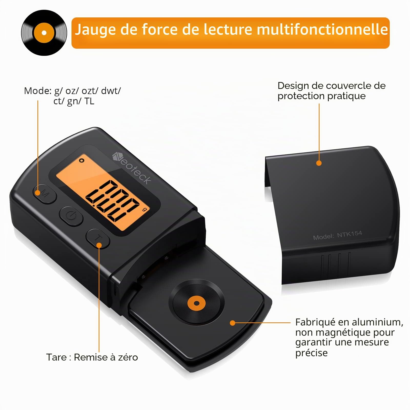 Neoteck Balance Numérique de Force Cellule Vinyle 0.01g - Non Magnétique avec Poids de Calibration - Pèse Cellule Platine Écran LCD Rétroéclairé - Jauge Stylet Accessoire Audiophile & Cadeau DJ
