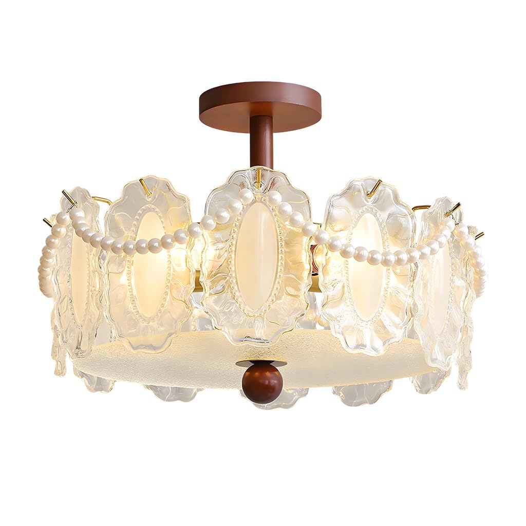 Lustre plafonnier rétro E14 en bois de perles et cristal pour salon chic