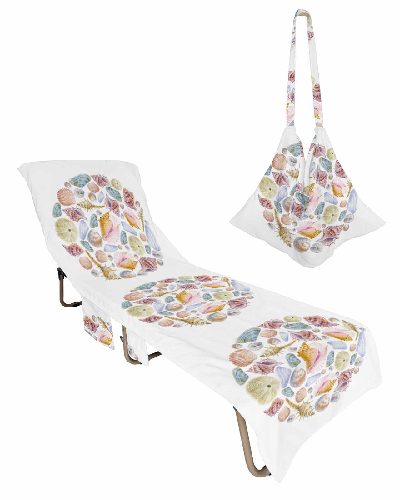 Coastal Shell Beach Lounge Chair Towel Cover, Soft Chaise Lounge Towel with Side Pockets Patio Pool Chairs Cover for Beach/Pool Sunbathing 29x85 Summer Beach Ocean Nautical Watercolor