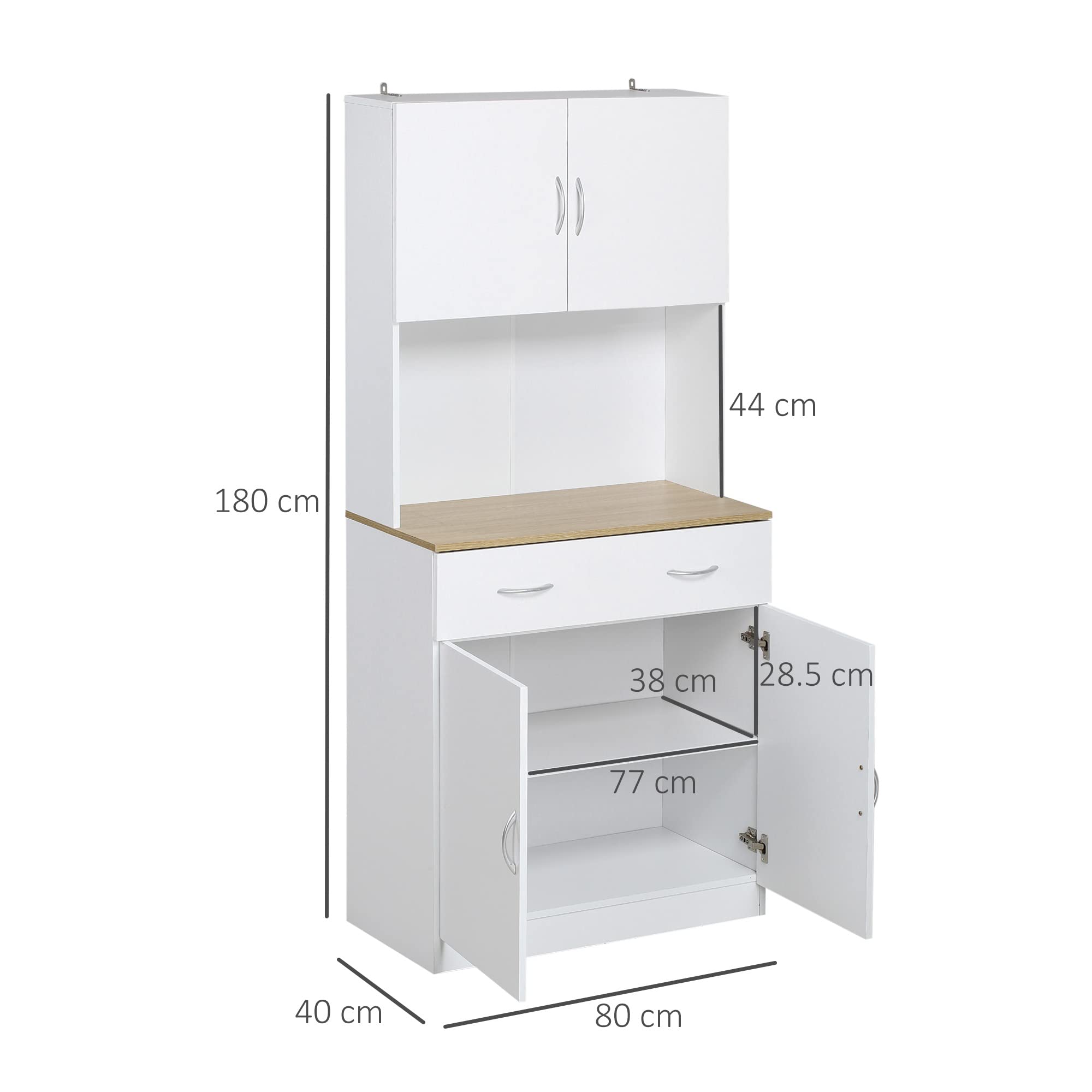 HOMCOM Mobile Cucina Alto 180cm con Armadietti a 2 Ante e Cassetto, Credenza Alta da Cucina in Legno con Ripiani Regolabili, per Cucina, Sala da Pranzo e Soggiorno, 80x40x180 cm, Bianco