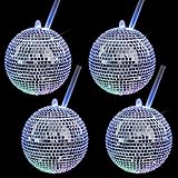 4 Pcs Disco Ball Cup with Lid and Straw LED Light up Disco Flash Ball Cocktail Cups Silver Spherical Cup Wine Drinking Tea Syrup Bottle for Party Nightclub Bar