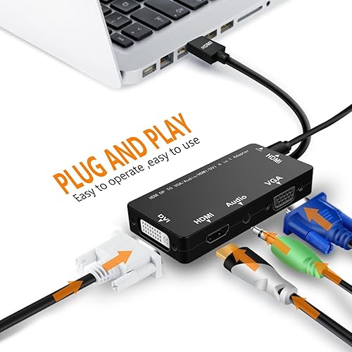 Miniatura 6 de Adaptador HDMI 4 en 1, convertidor de pantalla HDMI síncrono a VGA DVI HDMI con audio, video de 1080p para laptop, monitor, proyector (negro)