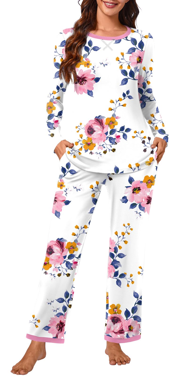Bestbee Womens 2 Piece Pajama Set Plus Size Lounge Outfits Soft Sleepwear Crew Neck Long Sleeve With Pockets