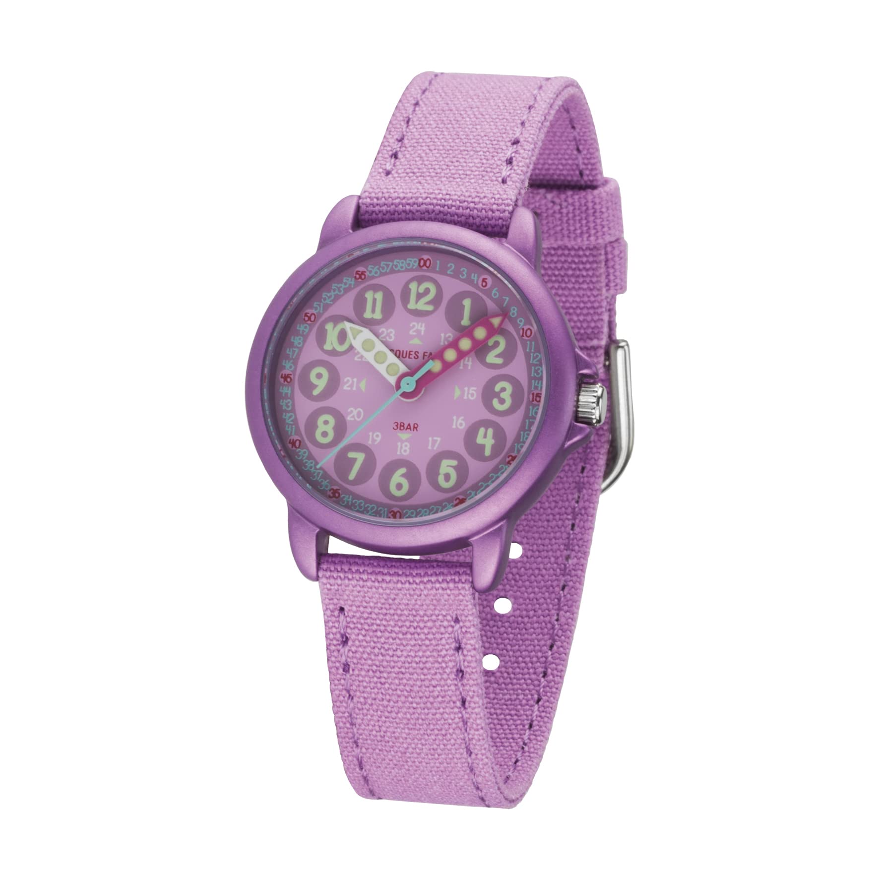 Jacques FAREL Lernuhr Öko Kinderuhr Mädchen Armbanduhr Analog Quarz mit Textilarmband aus Bio-Baumwolle Lila Violett Nachhaltig ORGT 1112