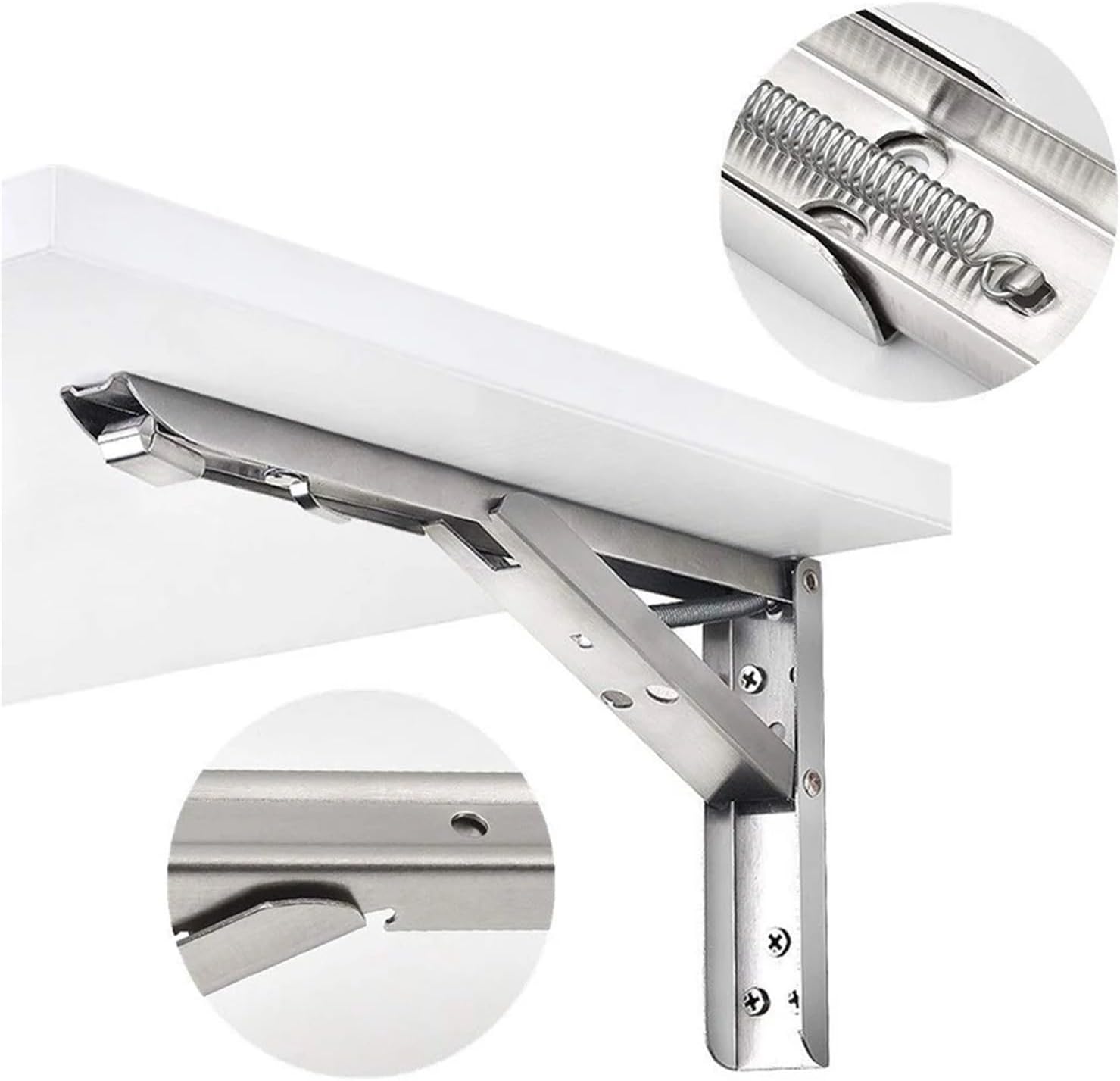 Folding Shelf Brackets 4 Pcs Folding Shelf Bracket Stainless Steel Heavy Duty Triangle Bracket Wall Mounted Bench Table Support Space Saving Storage Bracket for Table，Work Bench(Silver-8 Inch)