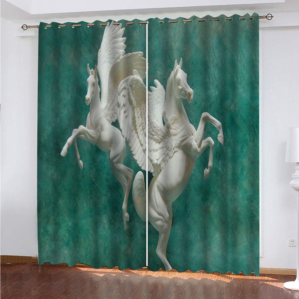 Cortinas Opacas con Ojales, Termicas Aislantes Frio y Calor, Habitacion Infantil Resistente La Luz para Ventanas Gruesa Suave Cortina Reducción de Ruido 2 Piezas x 132 An x 145 CM Al Verde y Caballo