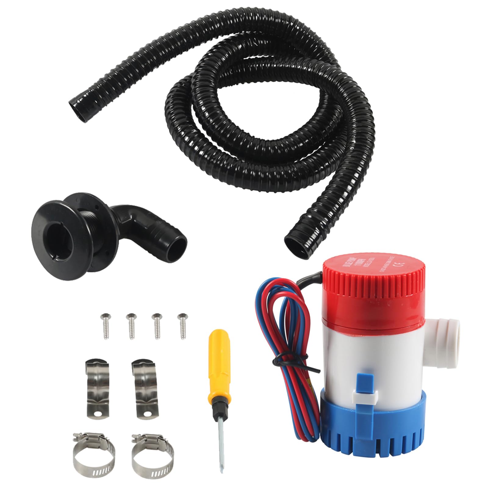 POONGURY 12V 1100 GPH Marine Bilge Pump Set, Submersible Boat Water Pump with 1-1/8" Outlet, 6.5FT Hose, Stainless Steel Hose Clamps & Hull Penetration Fitting for Fishing Boats, Speedboats