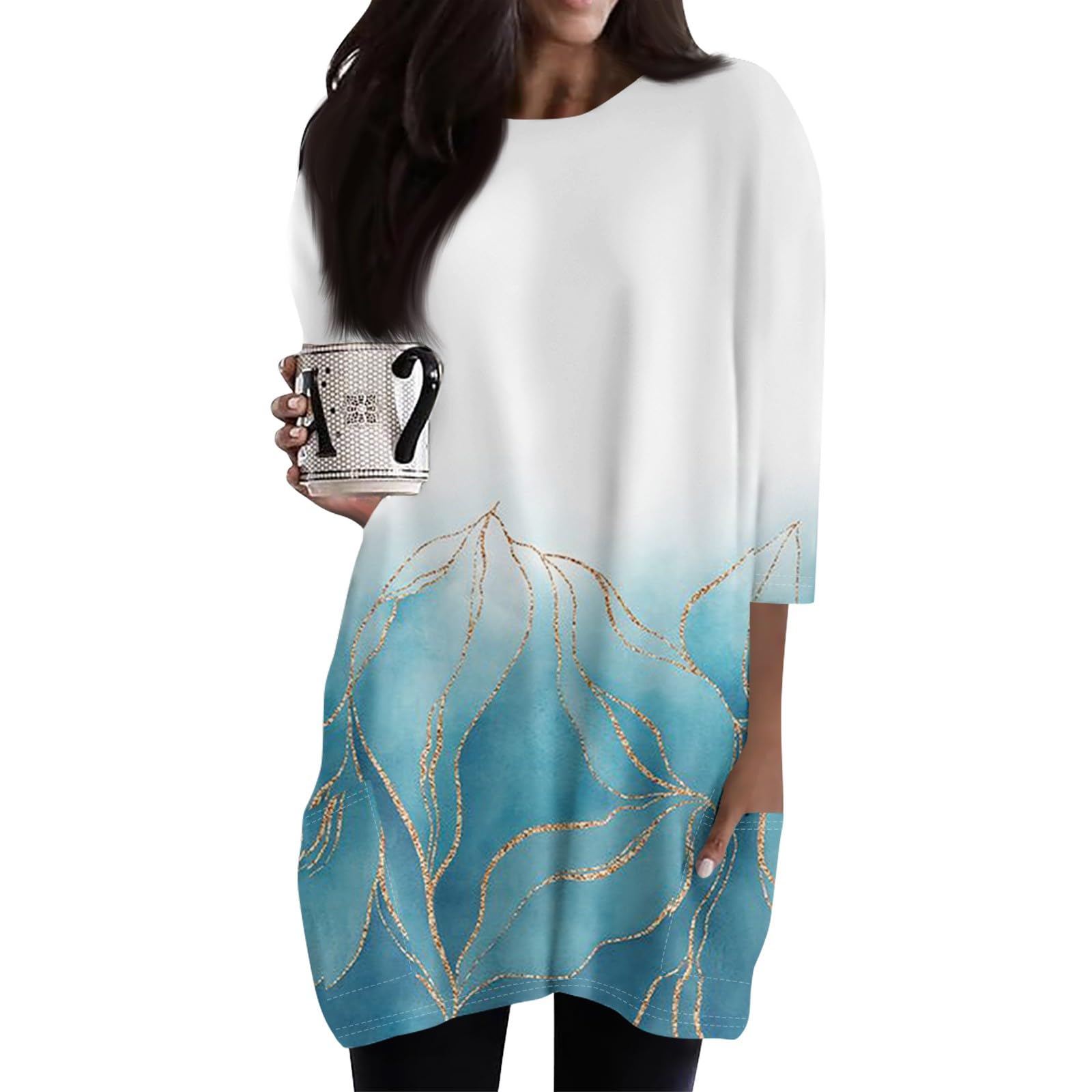 Blusen & Tuniken für Damen 3/4 Arm Longshirt Lässig für Leggings | Oberteile Damen Mode Sports T Shirt Overzised 3/4 Ärmel Gemütlich Passform Farbblock Crewneck