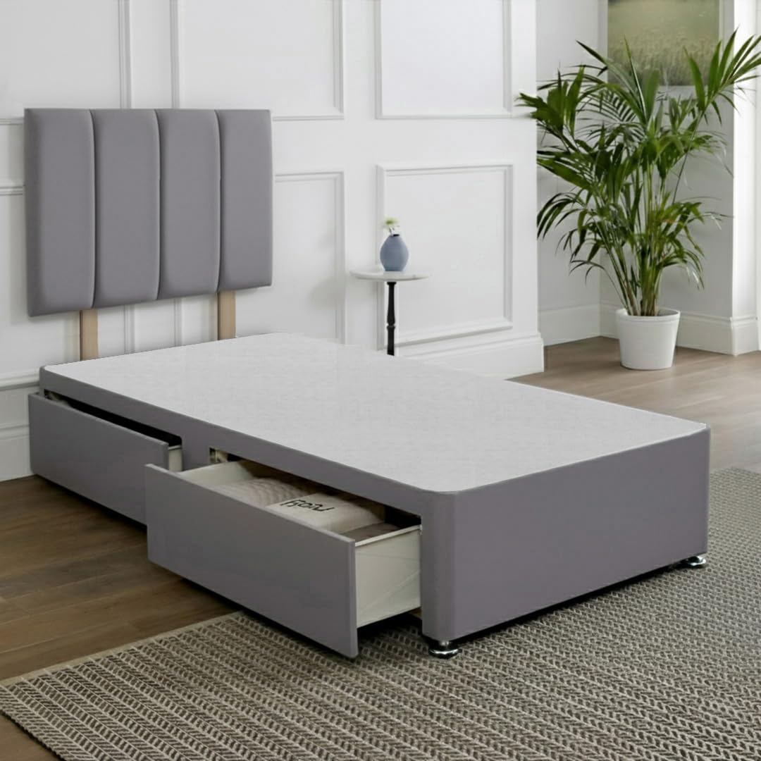 SANA SLEEP Single Divan Bed with Headboard & 2 Drawers – Plush Sierra Grey Fabric, 3FT UK Made, Bedroom, Guest & Kids’ Room, Space-saving, Luxury Comfort — image 1