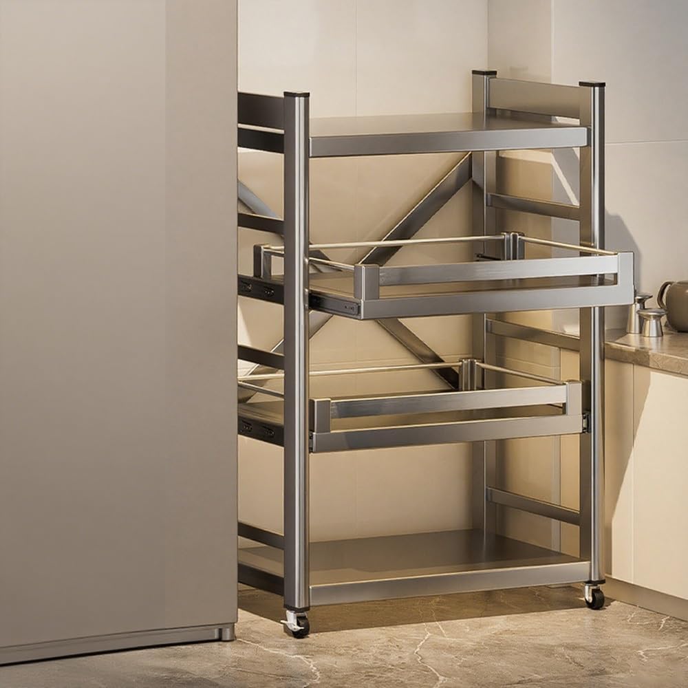 Rolling Storage Cart with Pull-Out Drawers, Adjustable Height Kitchen Shelf on Wheels for Tight Spaces, Ideal for Corner or Beside Refrigerator