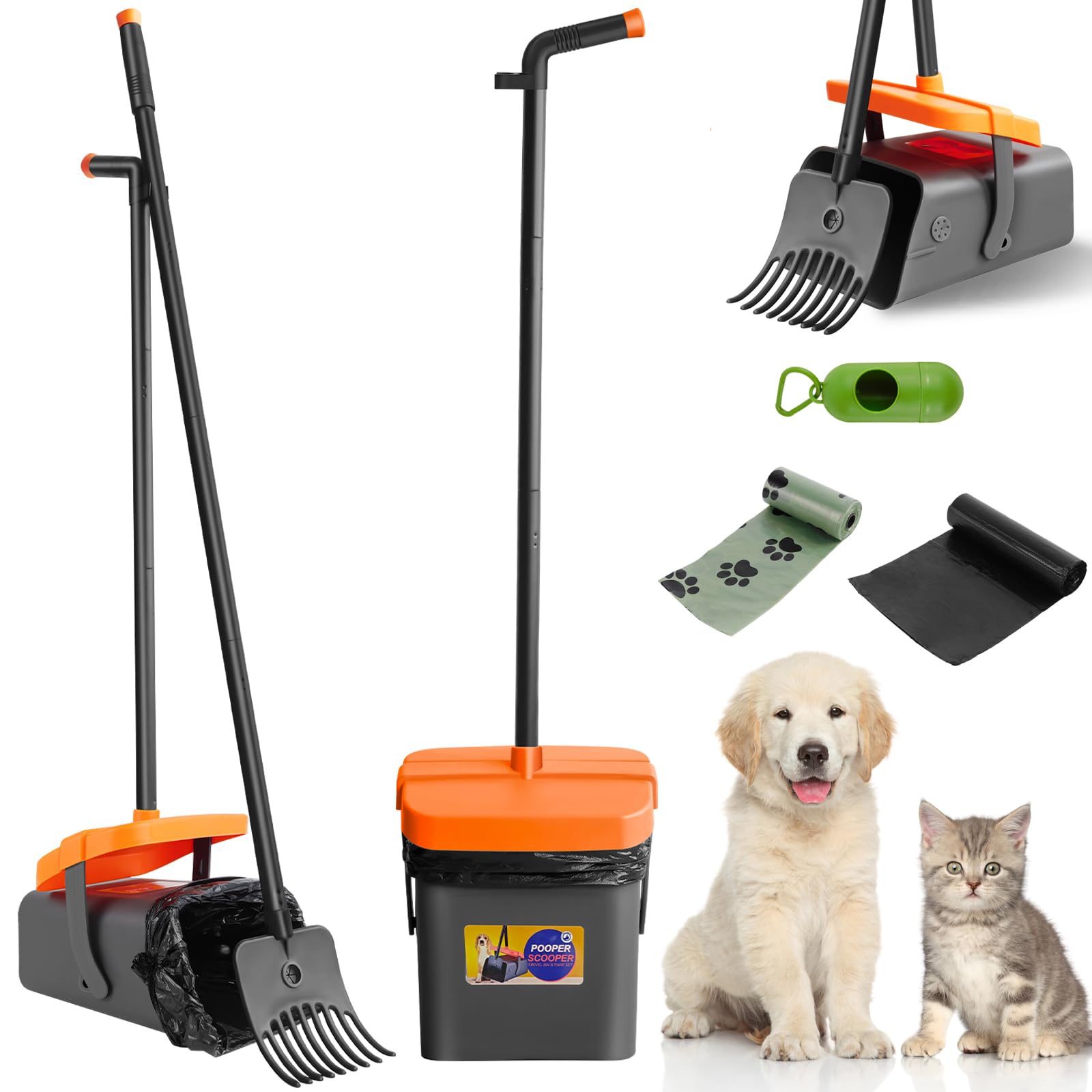 Pet Pooper Scooper with Automatic Lid Closure, 20 Black Bin Liner, 15 Rake Waste Bags, Portable Dog Poop Scooper for Dogs Cats, Non-Breakable & Easy to Clean Dog Poop Picker Upper, for Yard, Grass