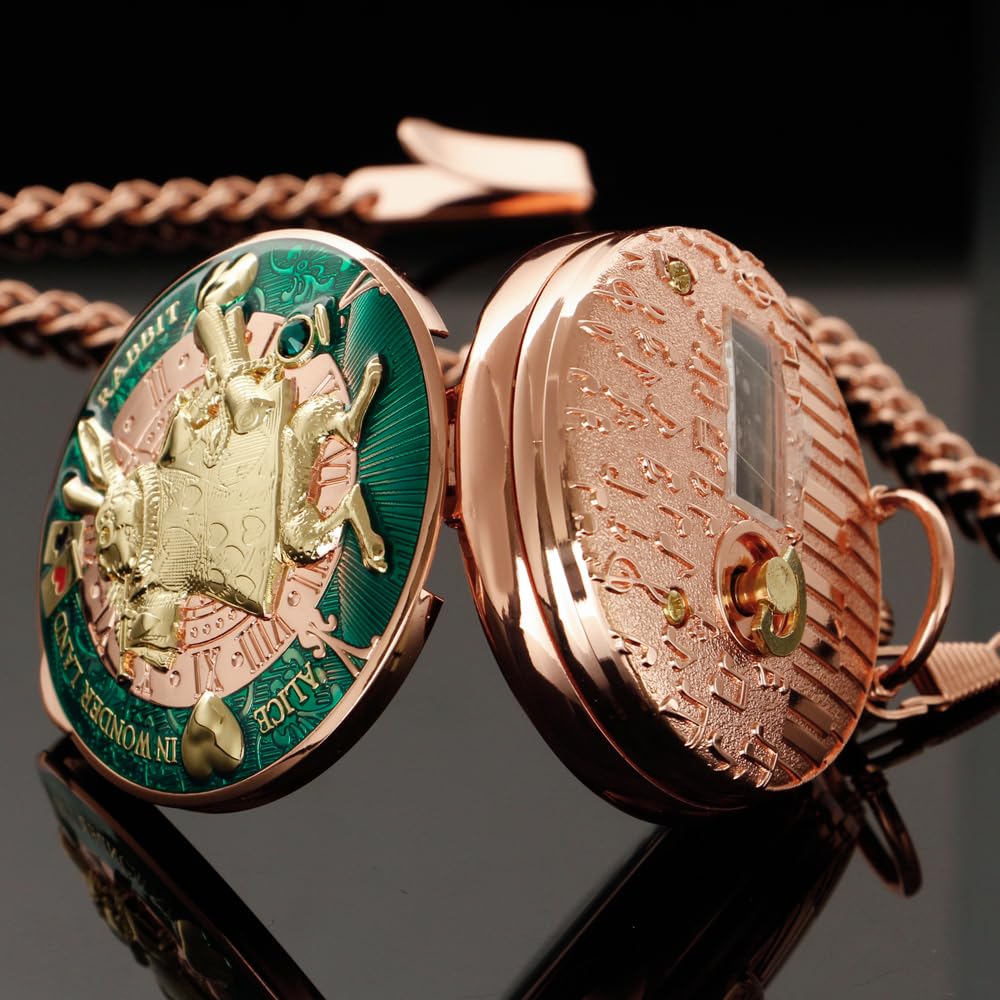 Tiong Orologio da taschino Alice nel paese delle meraviglie con carillon a manovella, con catena, regalo di compleanno e laurea