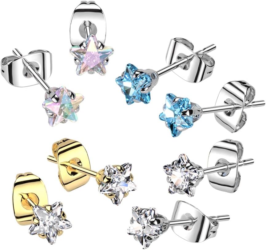 20GA 316L Stainless Steel Prong Set CZ Crystal Star Stud Earrings, Sold as a Pair
