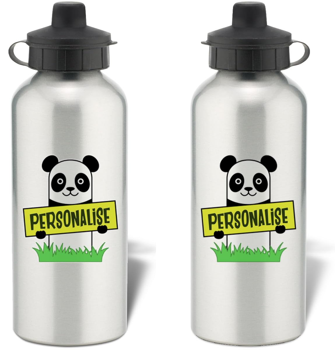 Go Find A Gift Personalised Kids Panda Aluminium Silver Water Bottle 600ml Back to School Birthdays Christmas