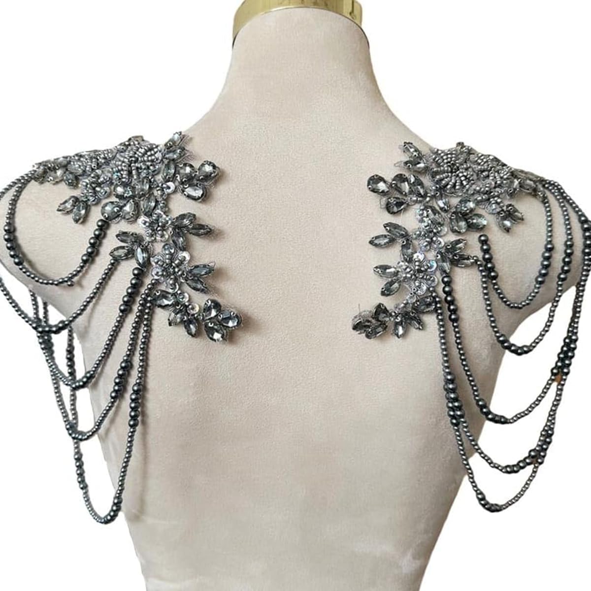 Photo 1 of 1 Pair Beaded Rhinestones Applique Embellishment for Clothes Epaulettes Shoulder Patches Sew-on Diamond Sequin Tassels Applique for Wedding Dress DIY Accessories 9.8X10.2inches (Gray)