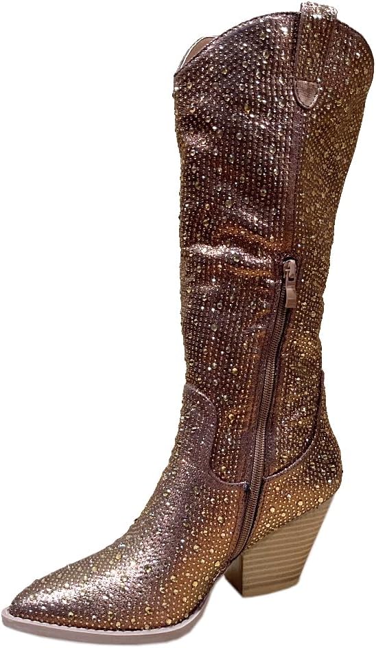 ABSOLEX Women Western Cowgirl Cowboy Pointed Toe Rhinestone Knee High Boots - 第 61/64 張圖片