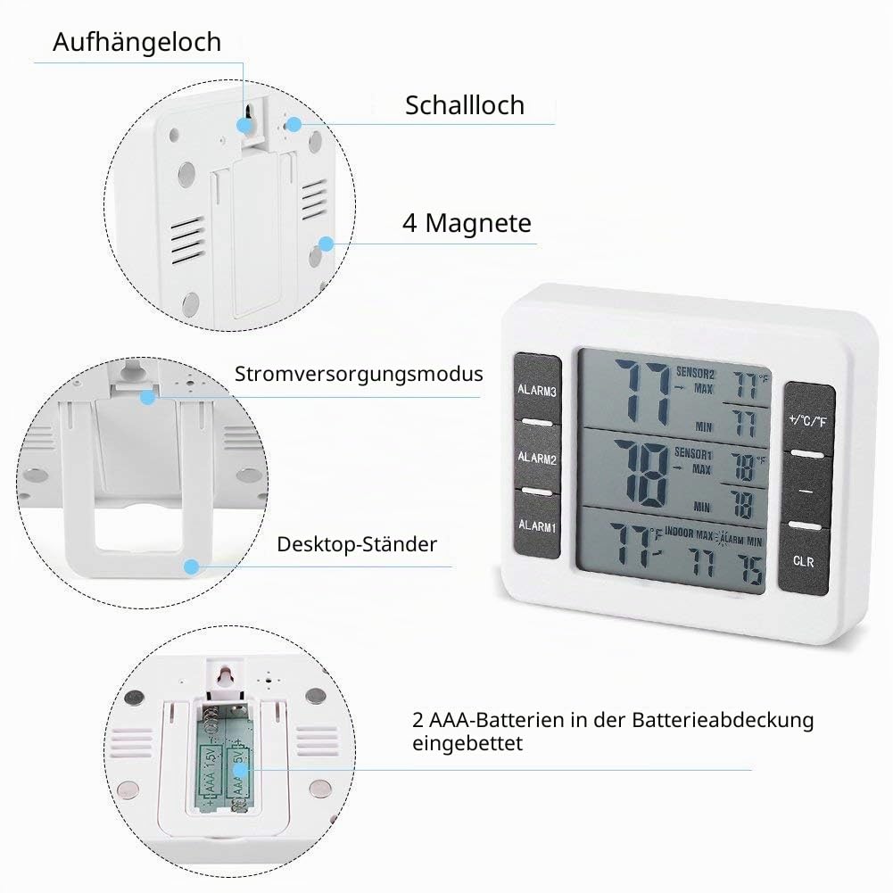 Wlan Thermometer, Kühlschrank Alarm Drahtloses digitales akustisches Alarmkühlschrankthermometer Kuhlschrankthermometer mit 2PCS-Sensor-Min/Max-Anzeige