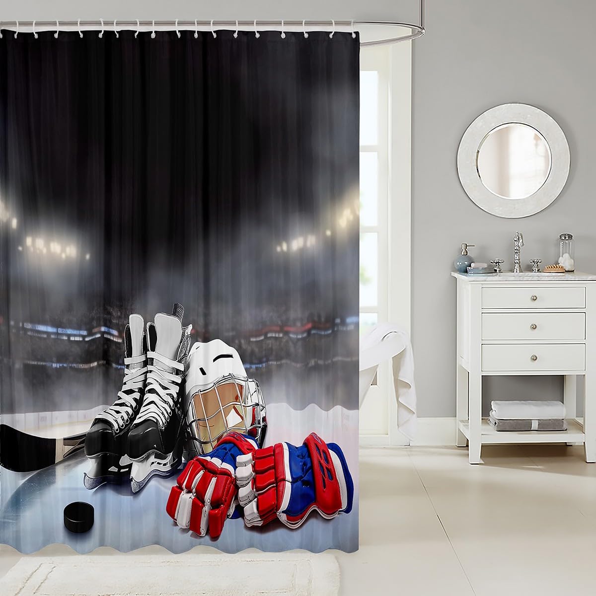 Erosebridal Cortina de ducha de hockey sobre hielo, cortina de baño para niños, niñas, adolescentes, jóvenes, deportes de invierno, con ganchos, tela impermeable de 72 pulgadas de ancho x 78 pulgadas
