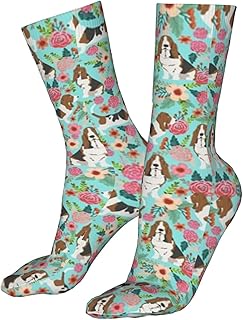 351 Men Women Socks Basset Hound Flowers Flower Spring Cute Flowers Flower Print Dogs Basset Hound Sport Sock Moisture Wicking Running Socks Hard Wearing Ladies Socks, For Yoga, Walking, Football