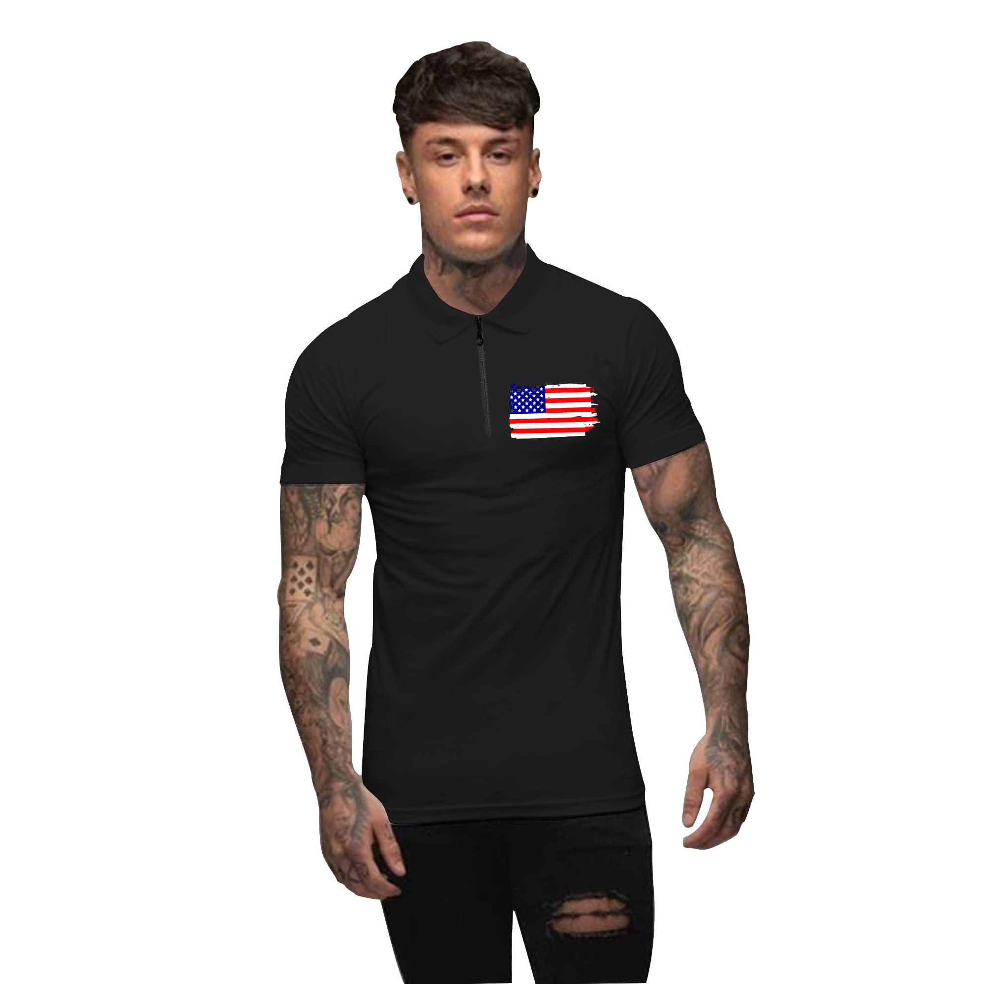 TeeWinkUSA Flag Polo Graphic T-Shirt with Black Zip