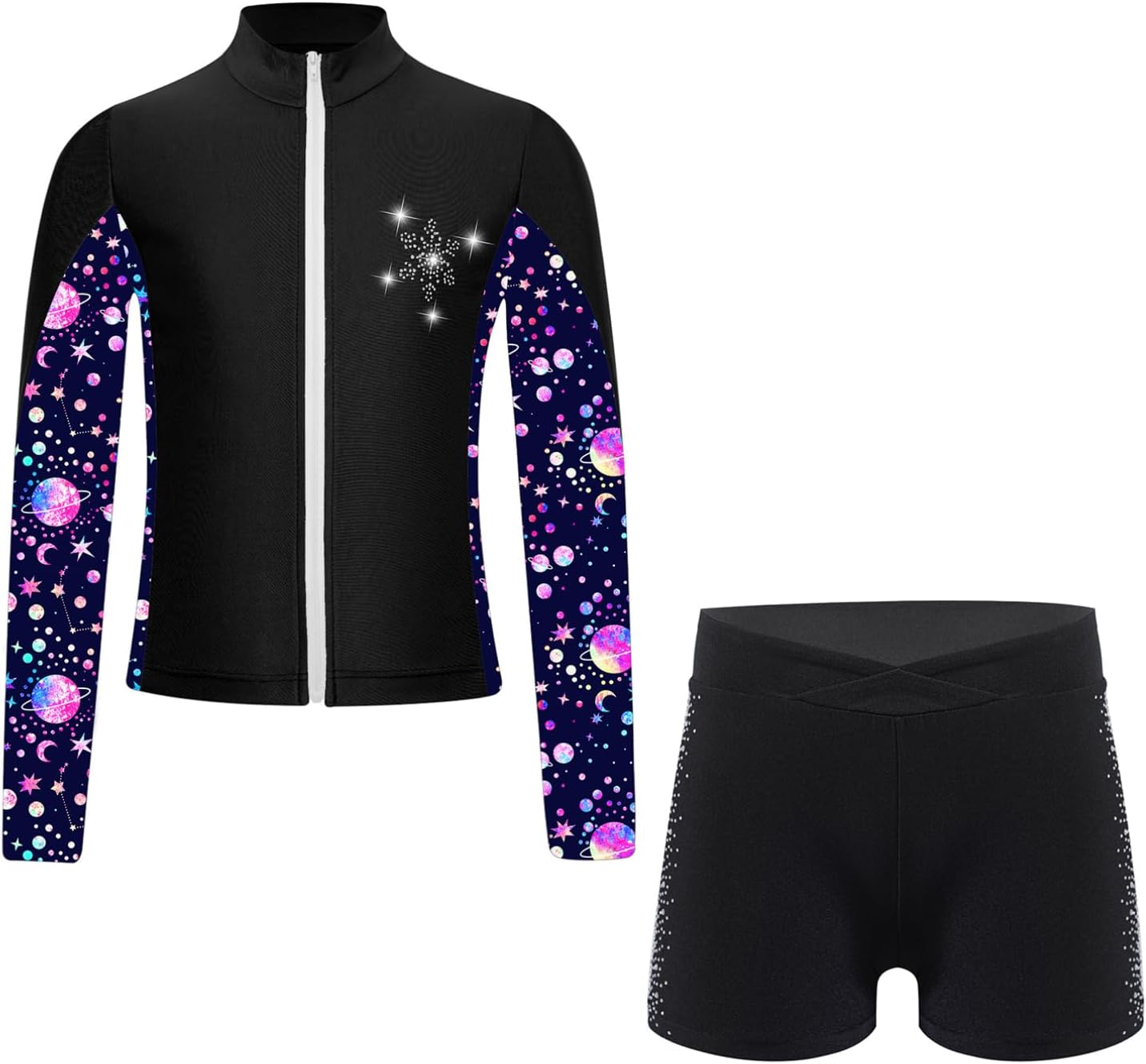 YiZYiF Kids Girls 2 Pcs Tracksuit Figure Ice Skating Gymnastic Dance Suit Long Sleeve Jacket with Shorts Outfit