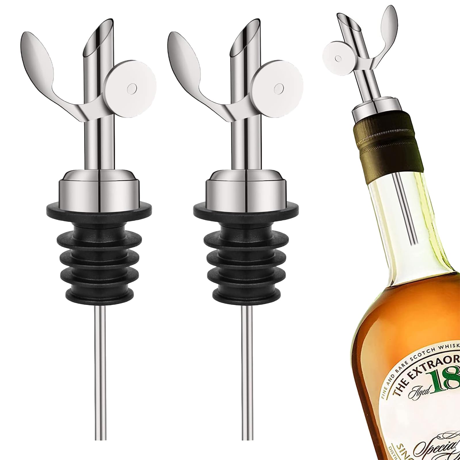 2 Pezzi Dosatore Olio e Cocktail, Beccuccio Universale per Bottiglie di Olio e Alcolici, Conico con Guarnizione in Silicone, Ideale per Bar, Feste e Casa (350ml Bottiglia di Vetro) (Argento)