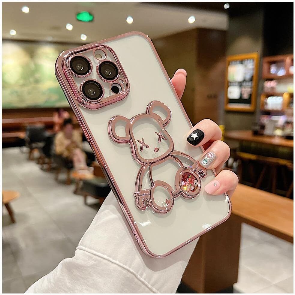 Case for iPhone 14 Pro Max for Women Luxury Cute Case with Built-in Camera Lens Protector Clear Glitter Sparkly Bear Shockproof Protecive Case 6.7 Inch (Pink)