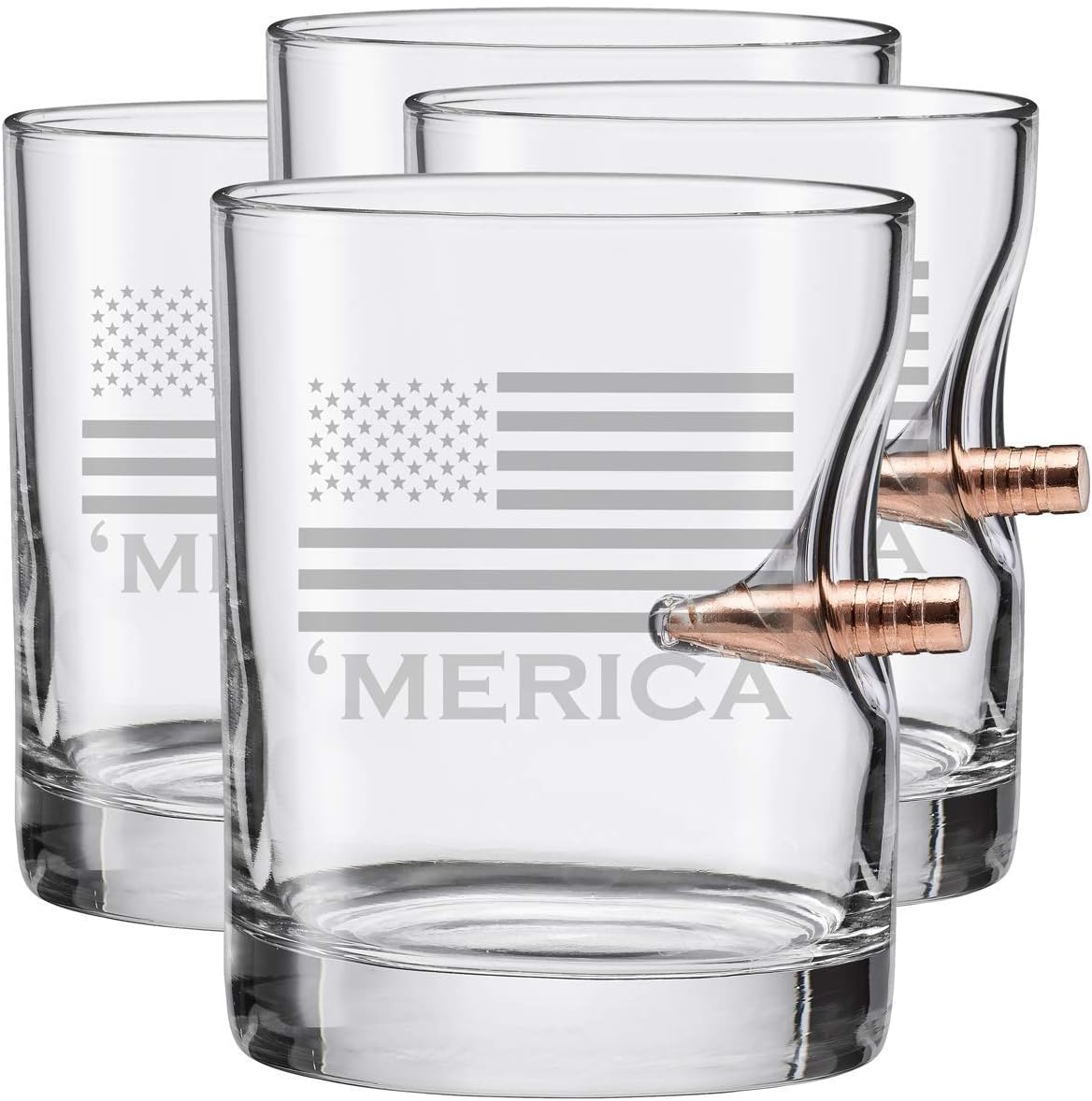 Merica Rocks Glass with Real .308 Bullet - 11oz | Made in the USA [Set of 4]