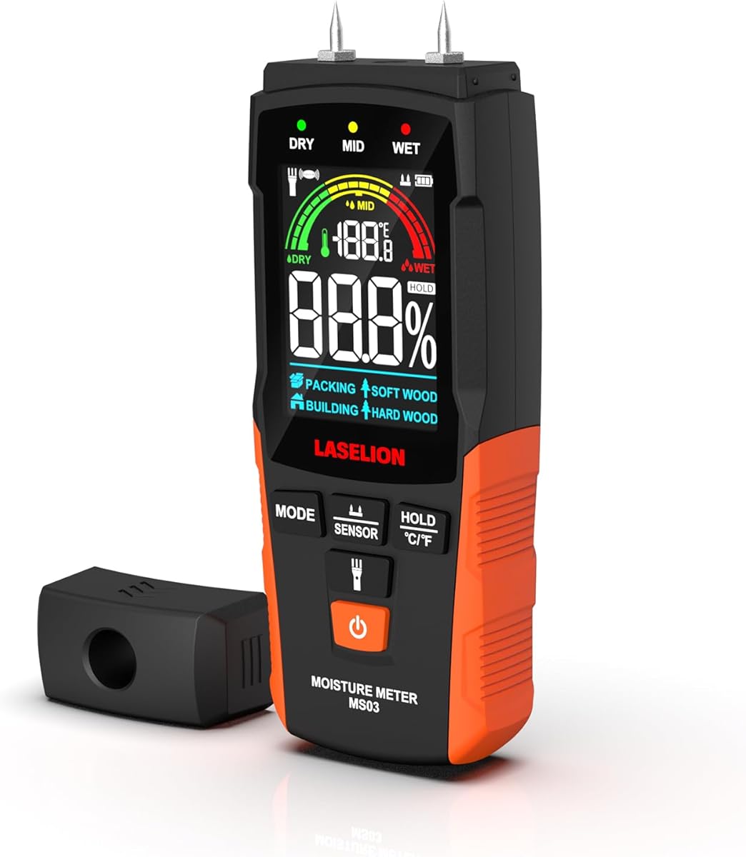2-in-1 Pin & Pinless Moisture Meter MS03 – Accurate Moisture Detection for Wood, Concrete, Drywall, and More – LCD Display with Hold Function, Flashlight, and Auto Power Off