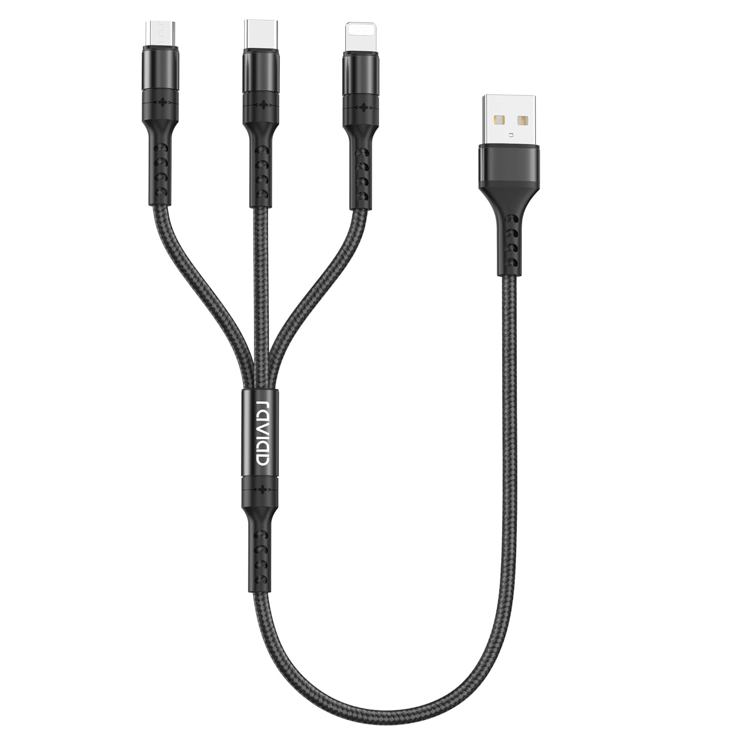RAVIAD Câble Chargeur Multi Embout Court [50CM], 3 en 1 Câble Universel Cable multi chargeur de Chargement avec Lightning+ USB C+ Micro Connecteur pour iPhone, Samsung Galaxy, Huawei, OnePlus- Noir - Amazon product rated Grade A