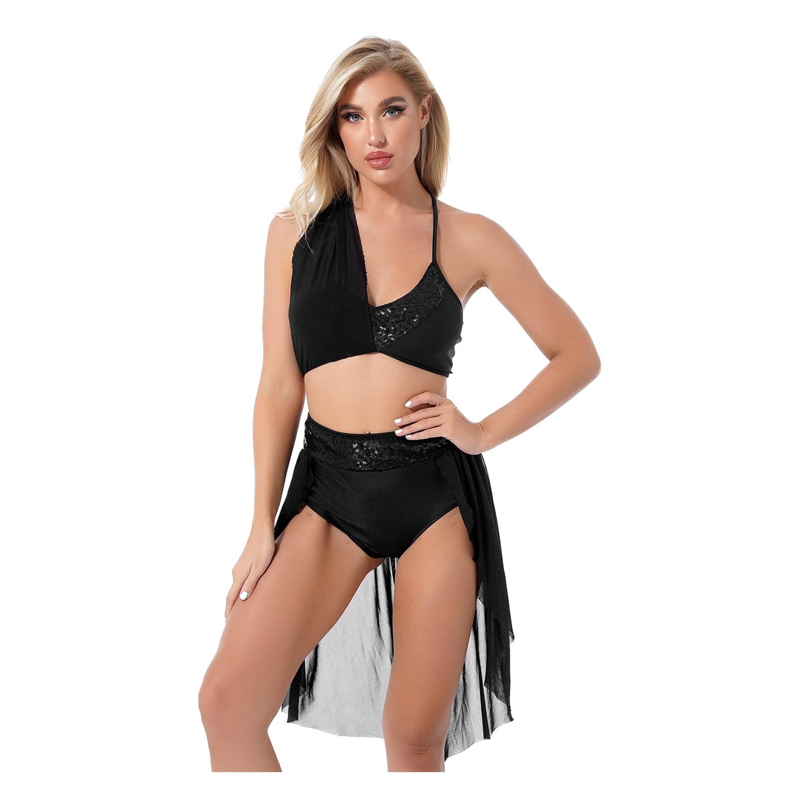 Vestido De Danza LíRica Moderno Vestido de Ballet for Mujer Trajes de Baile lírico Bailarina Leotardo Vestido de Baile Cuello Halter sin Mangas Top Corto de Lentejuelas Falda de Ballet