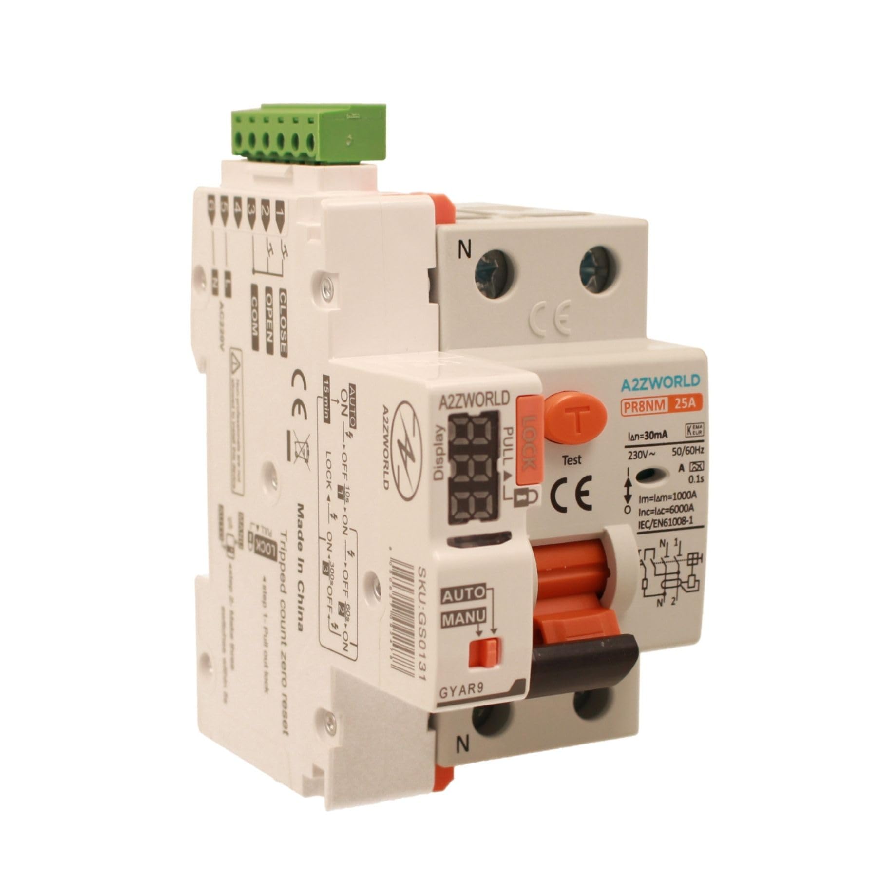 Interruttore Differenziale Riarmo Automatico 25A, Salvavita Tipo A 30mA, 3 Tentativi (10s/60s/300s), Occupa 3 Moduli DIN, RCCB 1P+N 6kA 220V, Display A Led