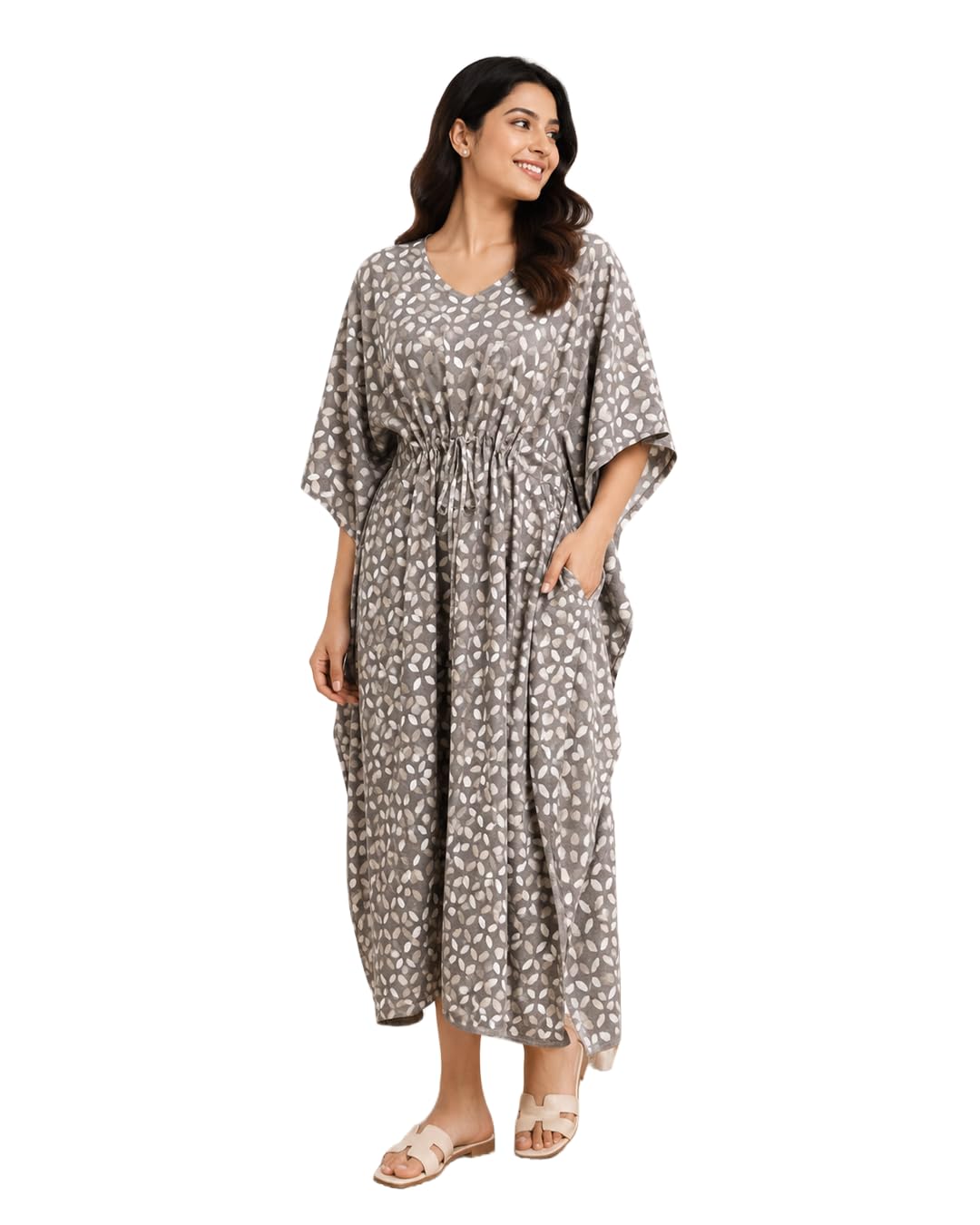 Moonstone Leaf Cotton Kaftan Dress for Women | Relaxed Fit Drawstring Midi Kaftan | Lightweight Printed Cotton Lounge, Travel & Resort Wear by Yukti-image-41