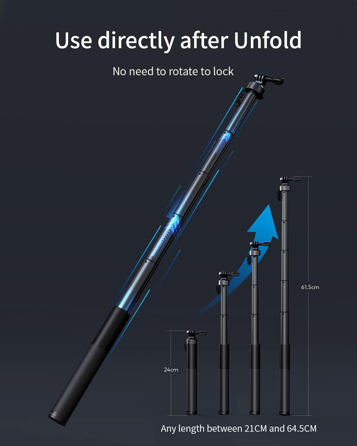 WOLFANG Action Cam Selfie Stick carica la tua action camera da 2600 mAh (24-60 cm), colore nero GB2200