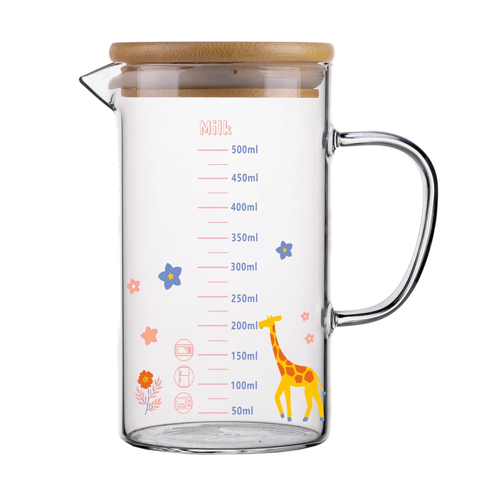 Jarsense 500ml Glass Measuring Cups Graduated Cups with Bamboo Lids Clear Glass Graduated Measuring Cups with Handles for Cooking Baking Milk Wine Tea Coffee Utensils(Giraffe)