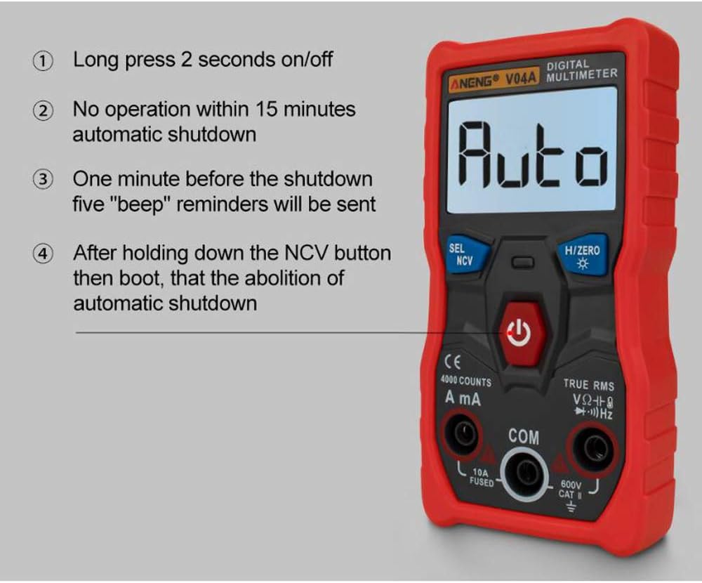 Power On/Off and Auto Shutdown instructions for ANENG V04A