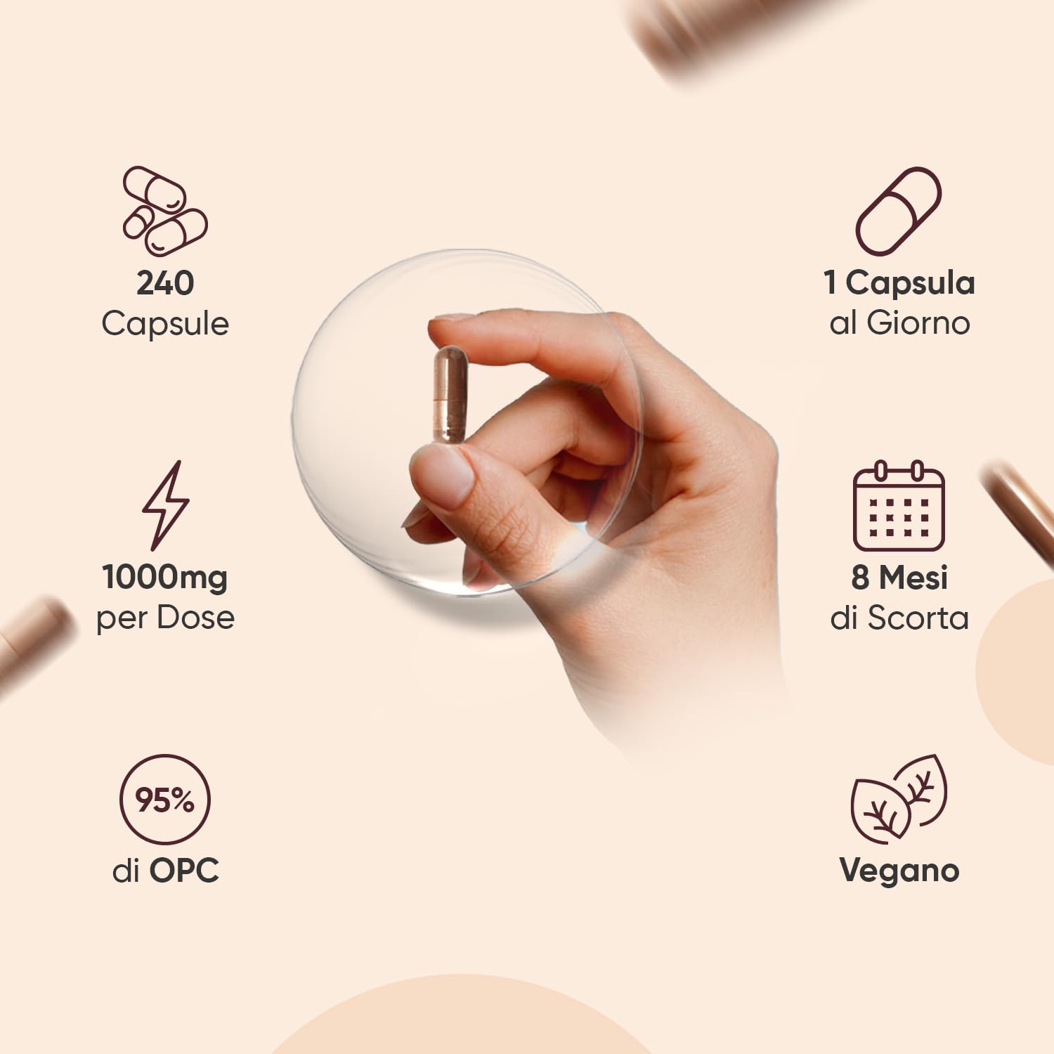OPC Integratore al 95%, in 240 Capsule Vegane, Solo 1 al Giorno (8 Mesi di Fornitura), Estratto Semi Uva Francese (Grape Seed Extract) 4:1, 1000mg per Capsula, Privo di Magnesio Stearato e Allergeni