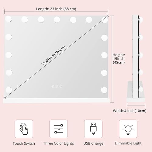 Miniatura 6 de CuisinSmart Espejo de tocador con luces espejo de maquillaje iluminado de Hollywood blanco con Bluetooth 15 bombillas LED espejo de maquillaje de