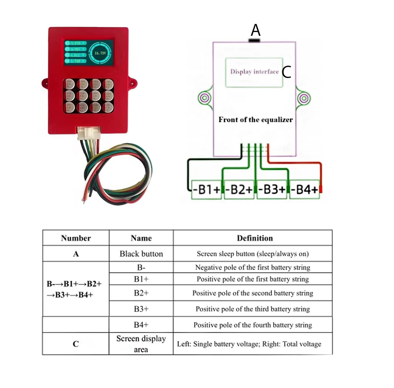 Bilanciatore attivo della batteria 5A LiFePo4, equalizzatore di batteria basato su condensatore 12V 4s, bilanciatore attivo adattivo della batteria 0-5.5A per LFP e NCM, display digitale della