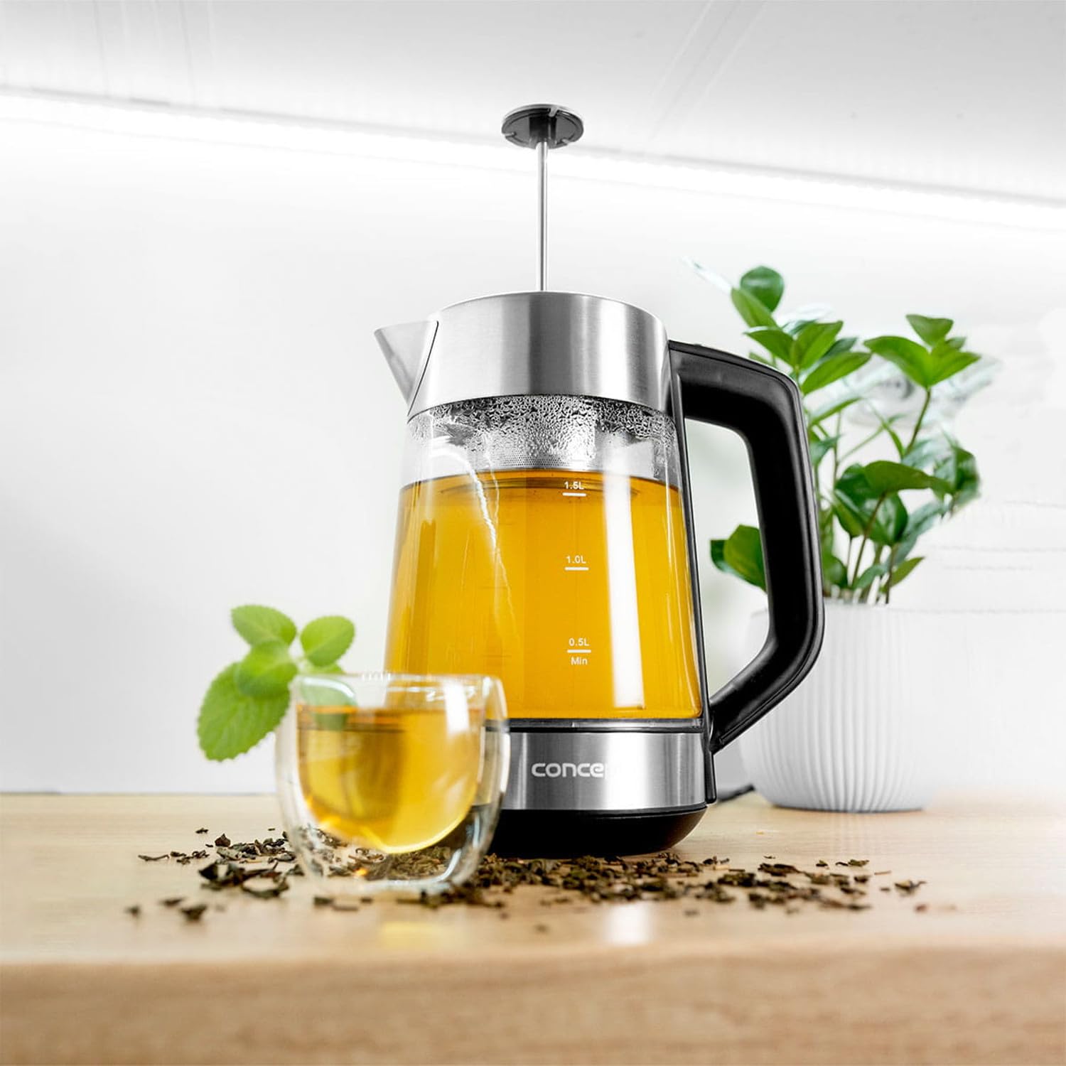 Concept RK4190 Hervidor eléctrico de vidrio con control de temperatura y filtro cafetera/té, Capacidad 1.7L