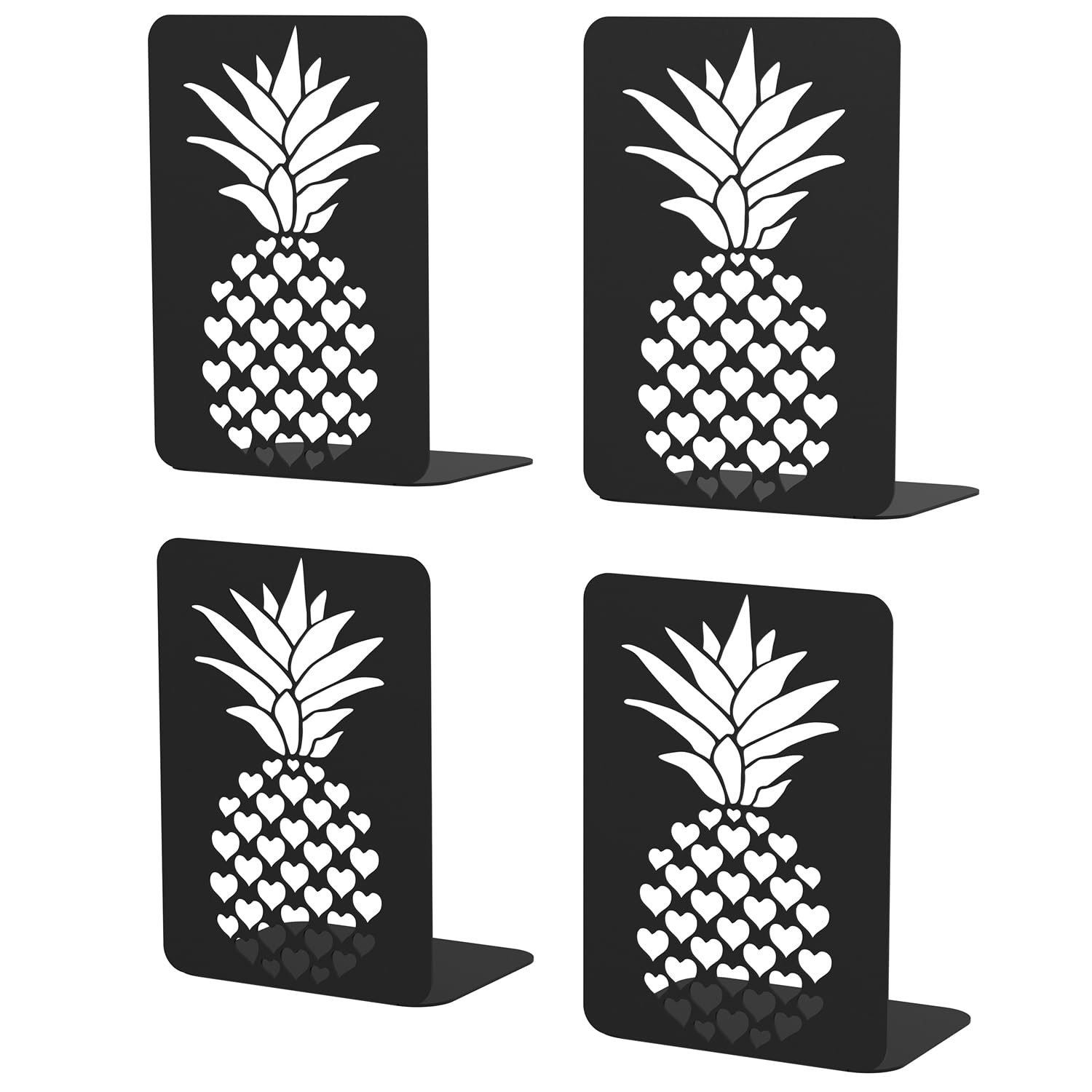 Decorative Metal Bookends for Heavy Books, Sturdy Bookends for Shelves, Cute Book Stoppers, Unique Pineapple Pattern Book Holds (2 Pairs, Black)