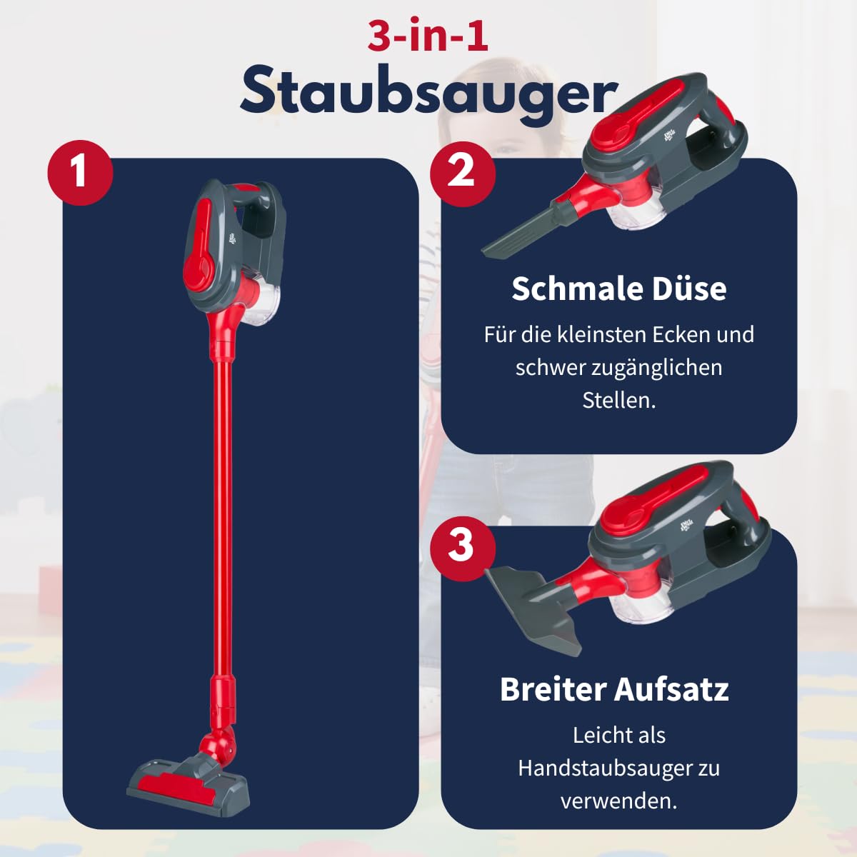 Dirt Devil Spielzeug Staubsauger 3-in-1 - Kinderstaubsauger mit 2 Aufsätzen - Funktionierende Saugfunktion und Realistische Geräusche - Für Jungen und Mädchen ab 3 Jahre - Kinderspielzeug - Rot/Grau