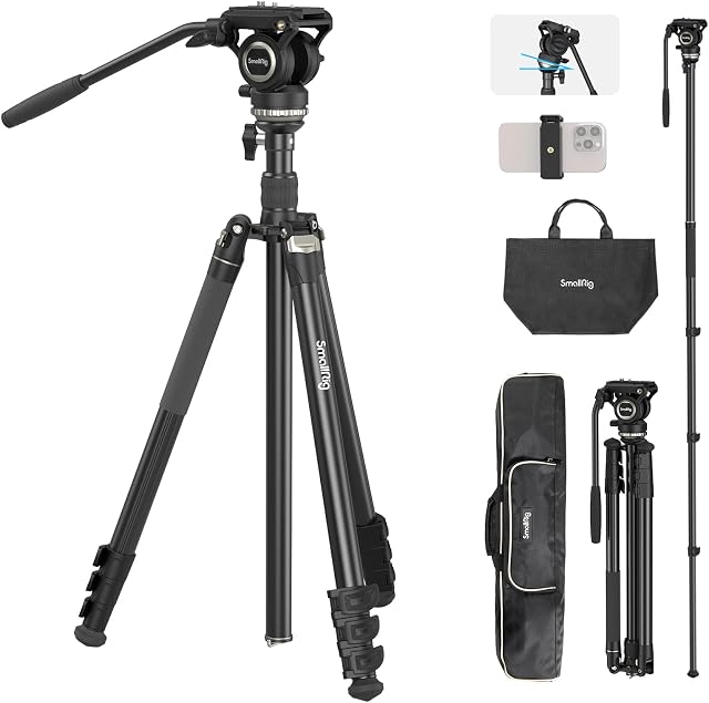 SmallRig Video Tripod CT210, 75" Video Camera Tripod Monopod with +/-15° Leveling Base Fluid Head, Professional Camera Tripod Compatible with Video Camera, DSLR, Camcorder-4475